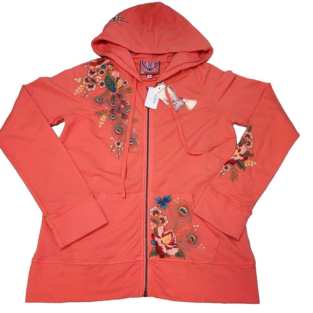 Johnny Was Vernazza Floral & Peacock Zip Up Embroidered Hoodie Jacket Small NWT